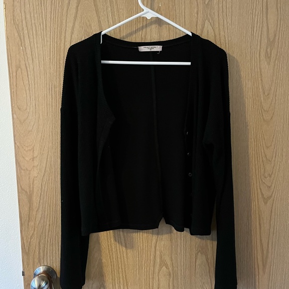 Project Social T Cropped Black Rib Knit Button Up Long Sleeve Cardigan Top - Picture 2 of 7